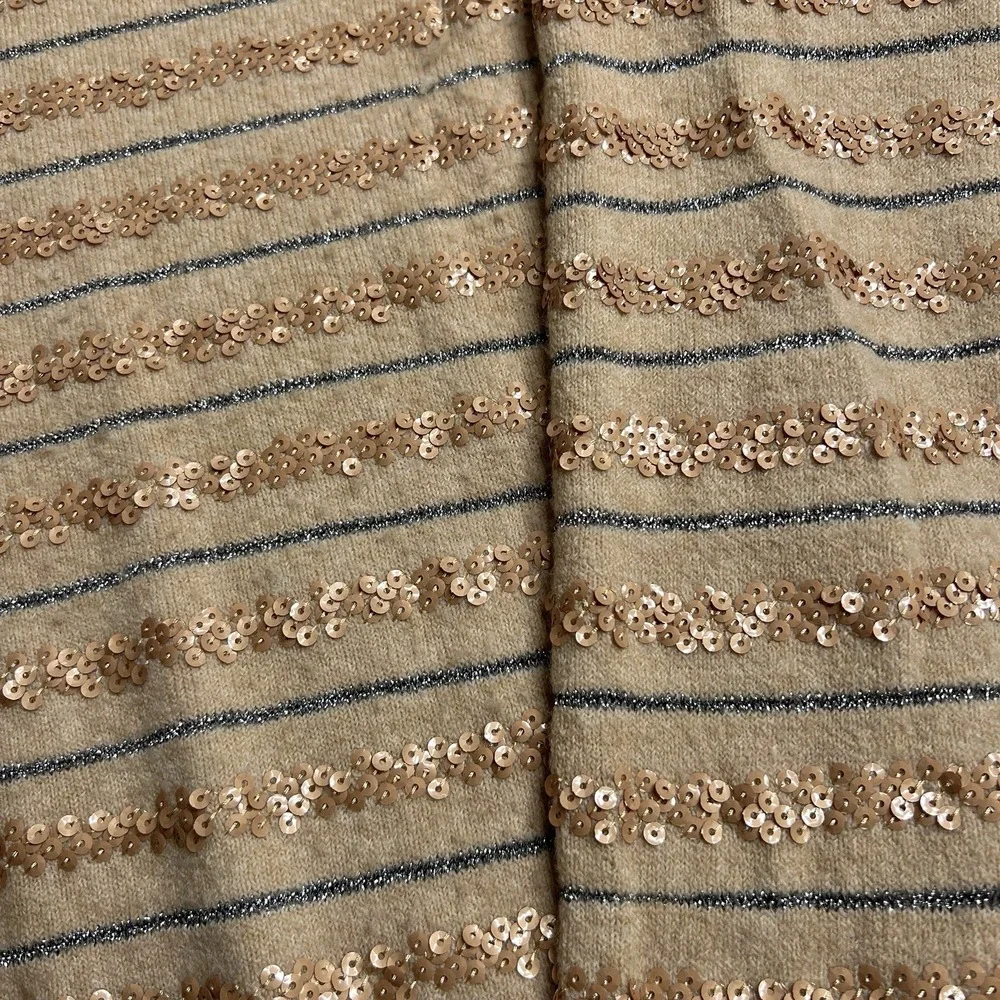 J CREW Soft Retro Beige Silver Metallic Gold Sequin Stripe Knit Sweater Sz LARGE